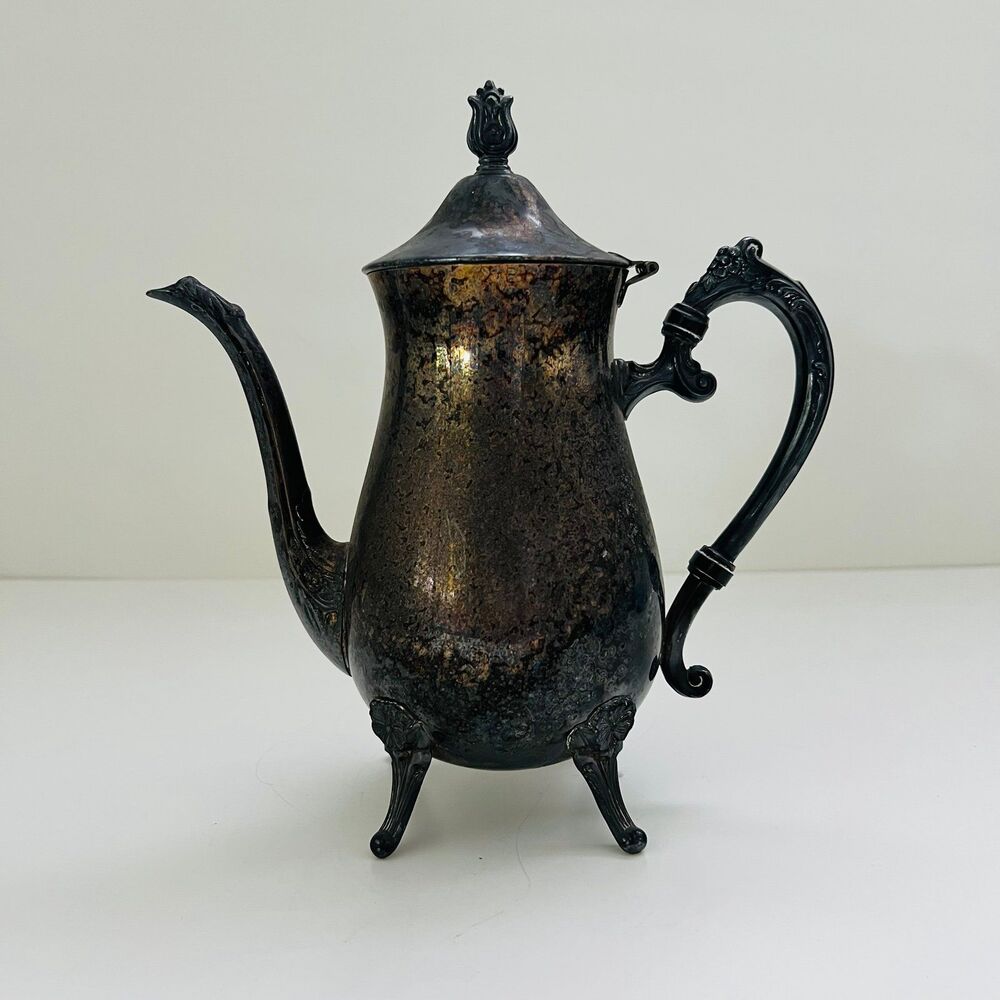 LEONARD Silver Plated Ornate Footed Tea Coffee Pot With Hinged Lid